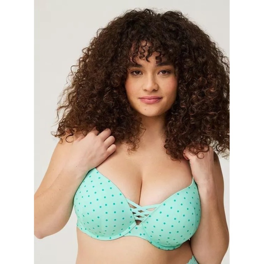 Torrid XO Plunge Push-Up Bra Womens 44DD Mint Green Polka Dot Strappy Underwire